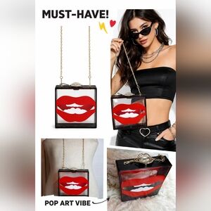 Acrylic Lip Clutch Bag Red Lips Pop Art Crossbody Gold Chain Statement Novelty P